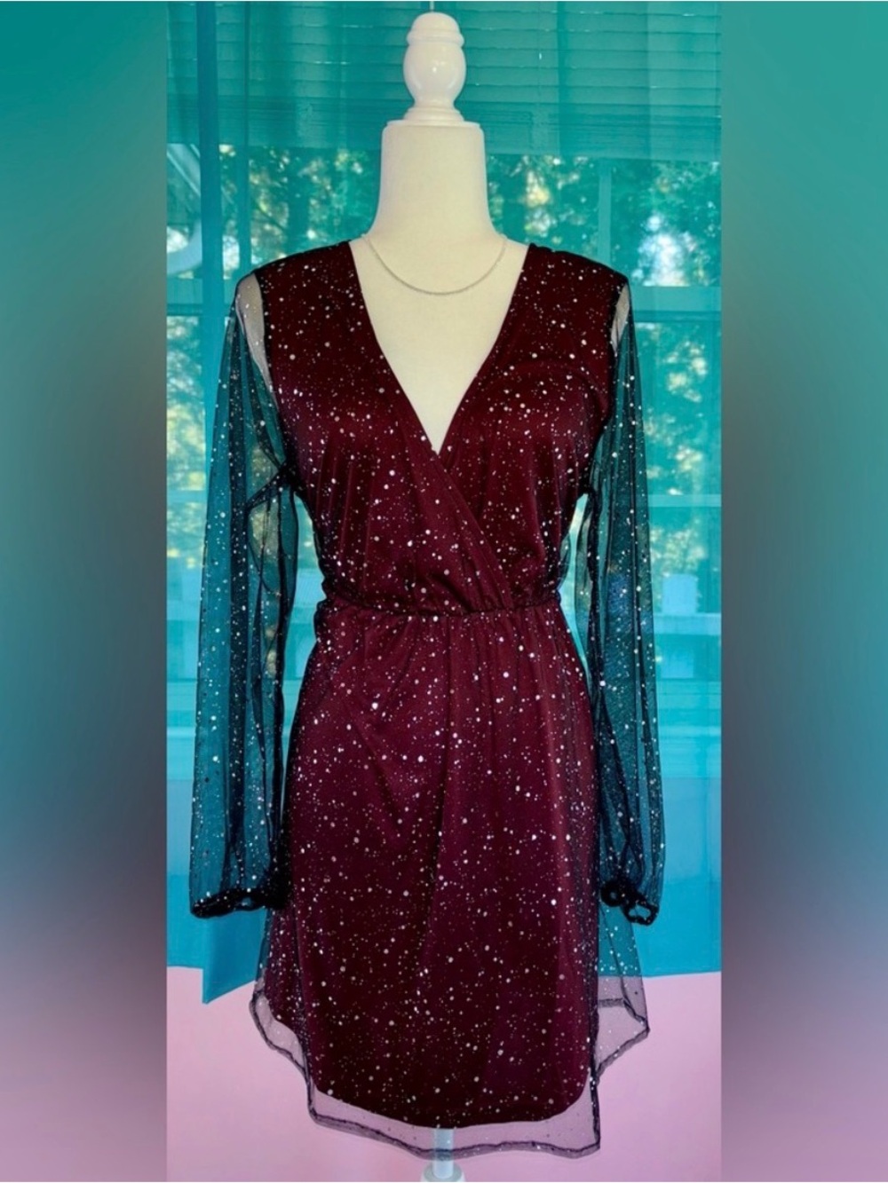 Women's Sparkle Mesh Sleeve V-Neck Dress in Burgundy